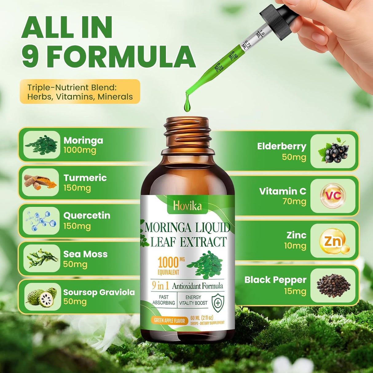 Extracto Líquido de Moringa, Moringa Plus, 1000 mg con Cúrcuma, Zinc y Vitamina C, 2 oz