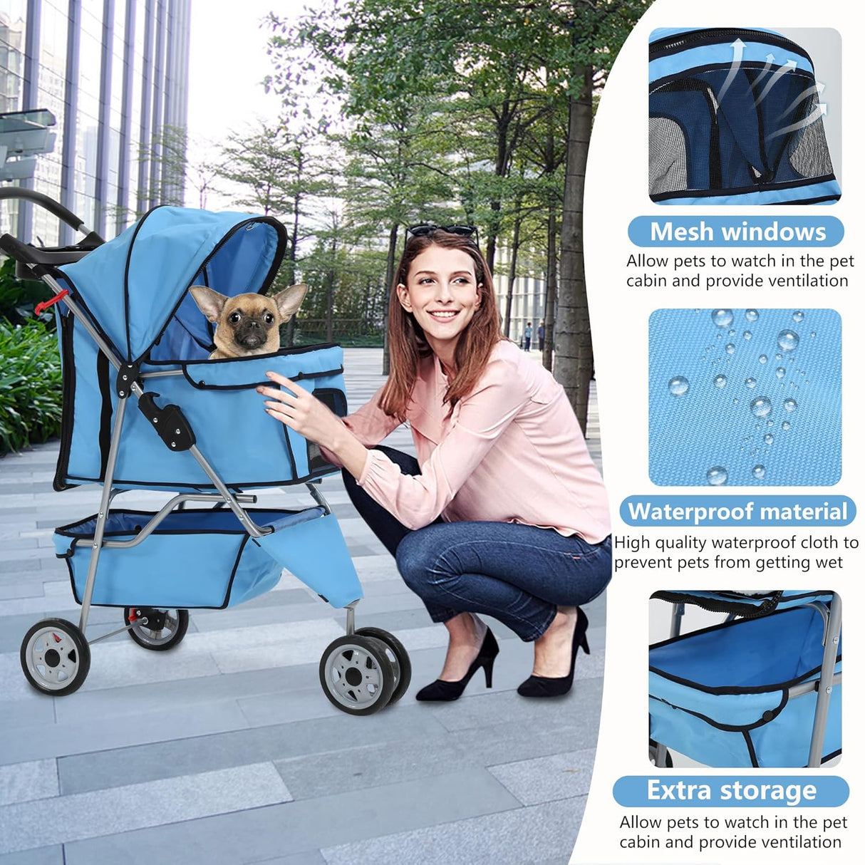 Carrito para perros, 3 ruedas, plegable, con canasta, modelo jogger