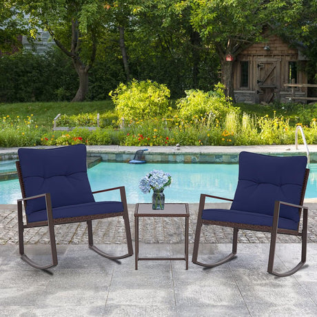SUNCROWN Juego de 3 piezas para exteriores, muebles de mimbre negro, sillas de porche, juegos de conversación con mesa de café de cristal, azul oscuro