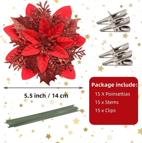 Flores Poinsettia Artificiales con Clips y Tallos, 15 Pcs