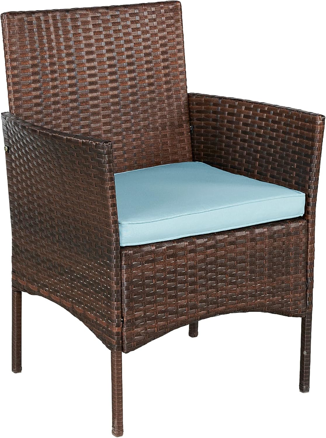 BTEXPERT Juego de 3 piezas de mimbre para exteriores, ahorro de espacio, para jardín, patio, porche, muebles de ratán PE, dos sillas, cojines, mesa de almacenamiento lateral marrón/azul aguamarina
