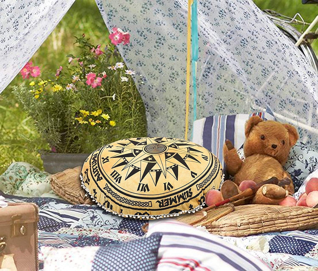 Funda bohemia para cojín, de 32 pulgadas, con diseño de mandala, para meditación, decorativa, otomana, grande, para exteriores, decoración del hogar, decoración de arte en el hogar, redonda, con pompones de algodón, cómoda