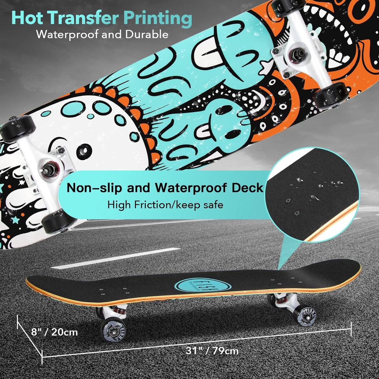 Skateboard Completo 31"x8", Madera de Arce, Doble Kick