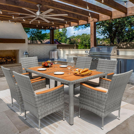 Flamaker Juego de comedor de patio de 7 piezas, mesa y sillas de madera de acacia para exteriores con cojines suaves, muebles de patio de mimbre para terraza, patio trasero, jardín (gris)