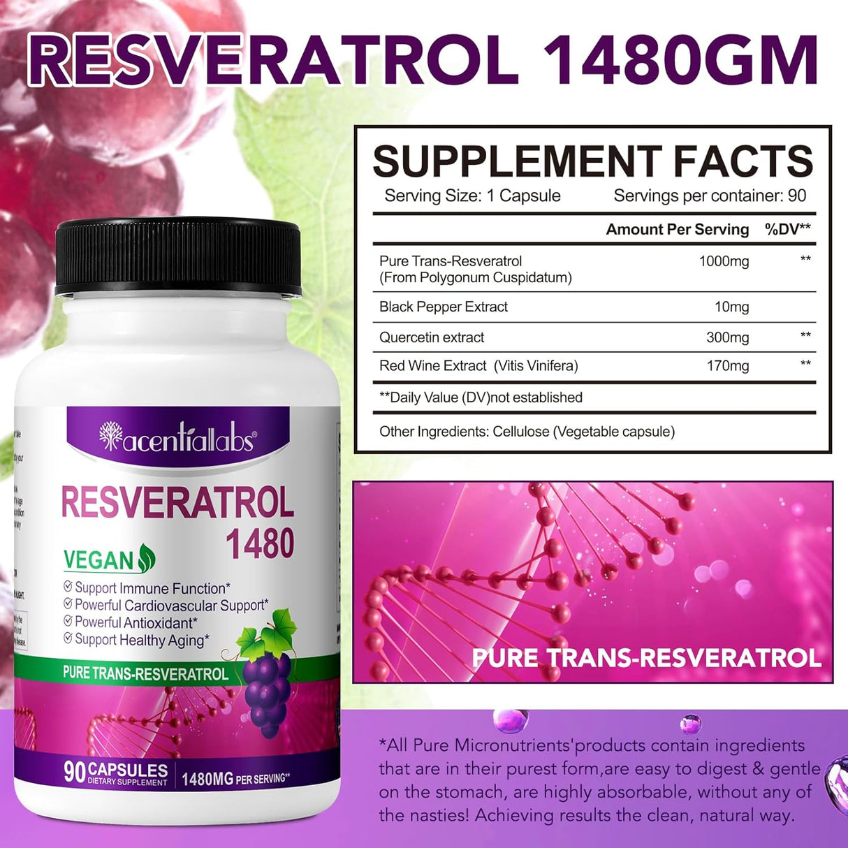 Suplemento Resveratrol 1,480 mg con quercetina 90 cápsulas