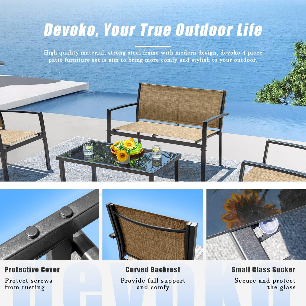 Devoko - Juego de 4 piezas de muebles de patio para el aire libre, para jardín, sillones y mesa de café de cristal para patio o terraza