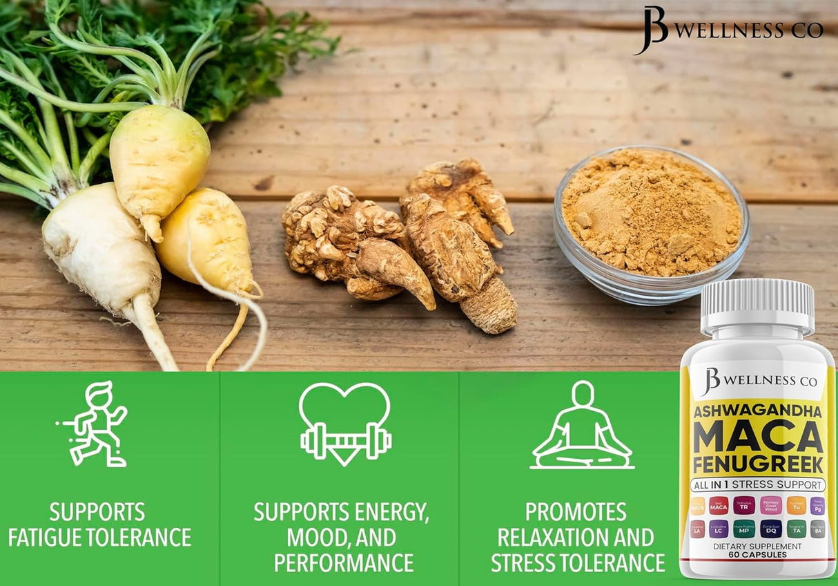 Suplemento de Ashwagandha Maca Fenogreco y Ginseng 60 Cápsulas