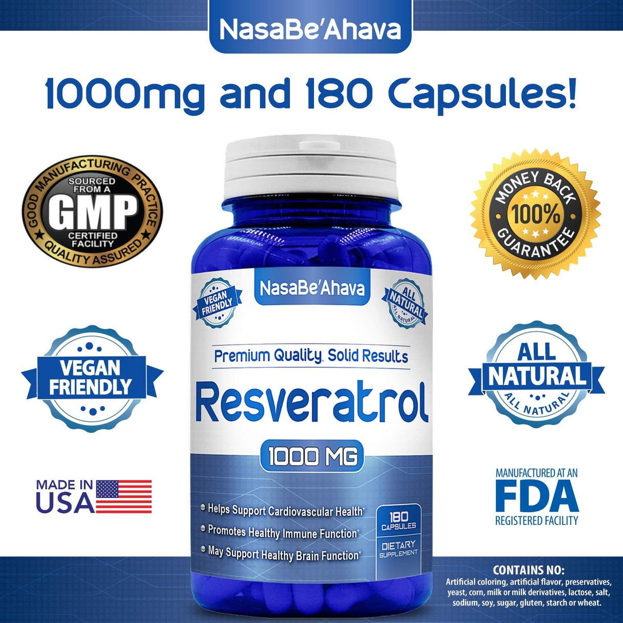 Suplemento NASA Beahava Resveratrol 100% puro  180 cápsulas