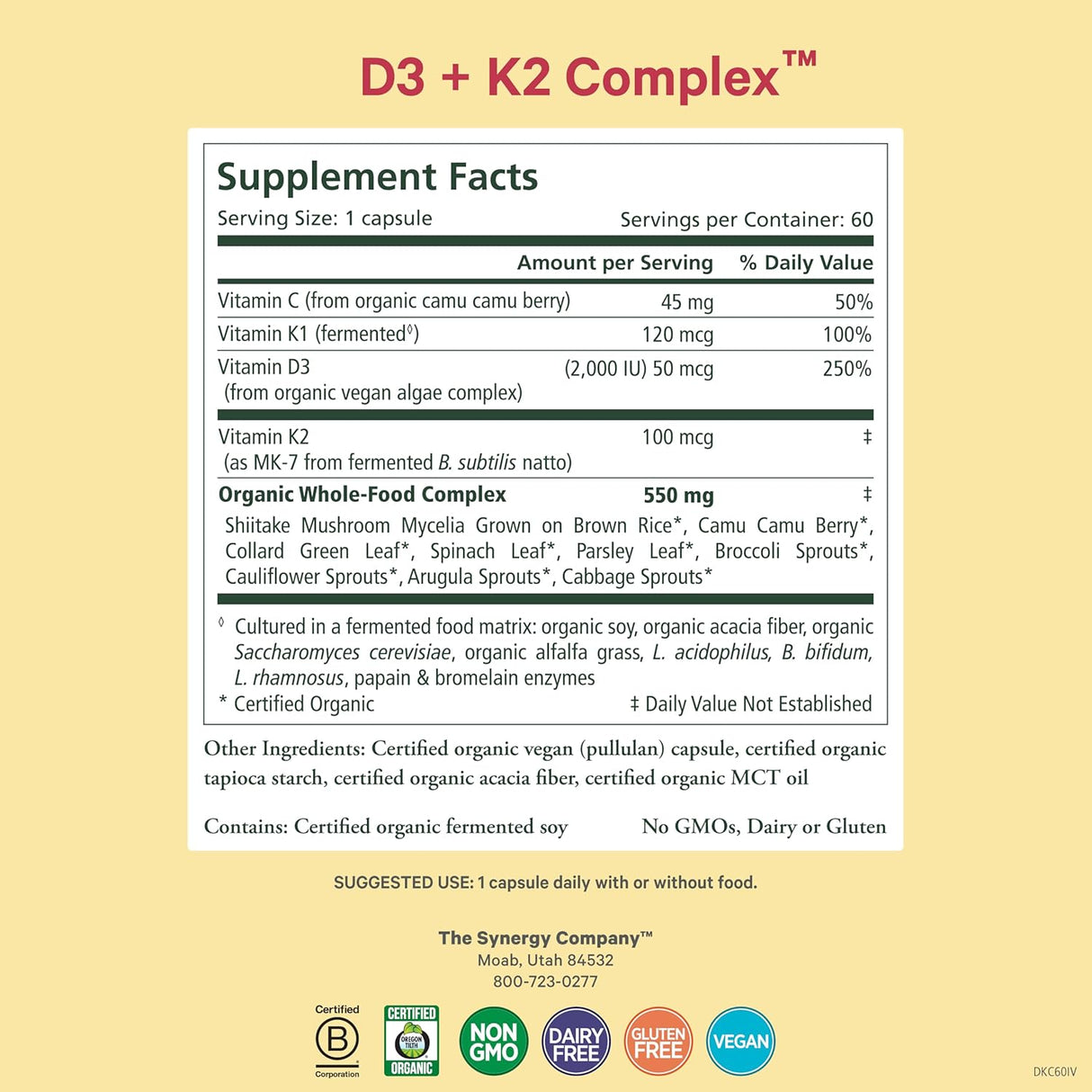 Pure Synergy D3 + K2 Complejo Vegano | Orgánico 60 cápsulas