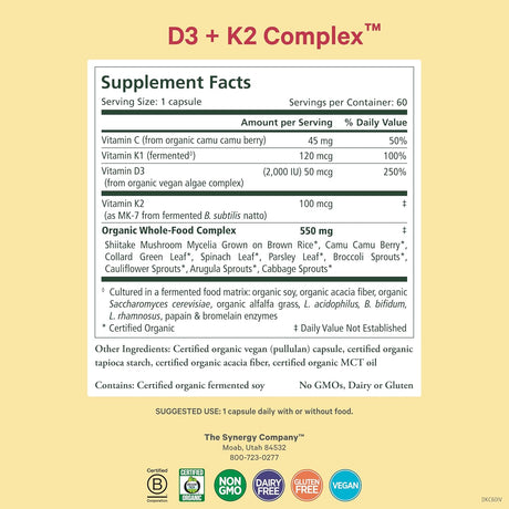 Pure Synergy D3 + K2 Complejo Vegano | Orgánico 60 cápsulas