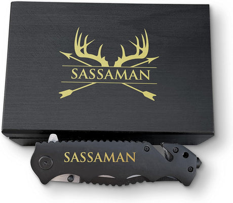 Cuchillo personalizado prémium con caja grabada, negro