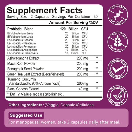 Suplemento Menopausia Mujer, 120B CFU, 13-herbas, 60 cápsulas