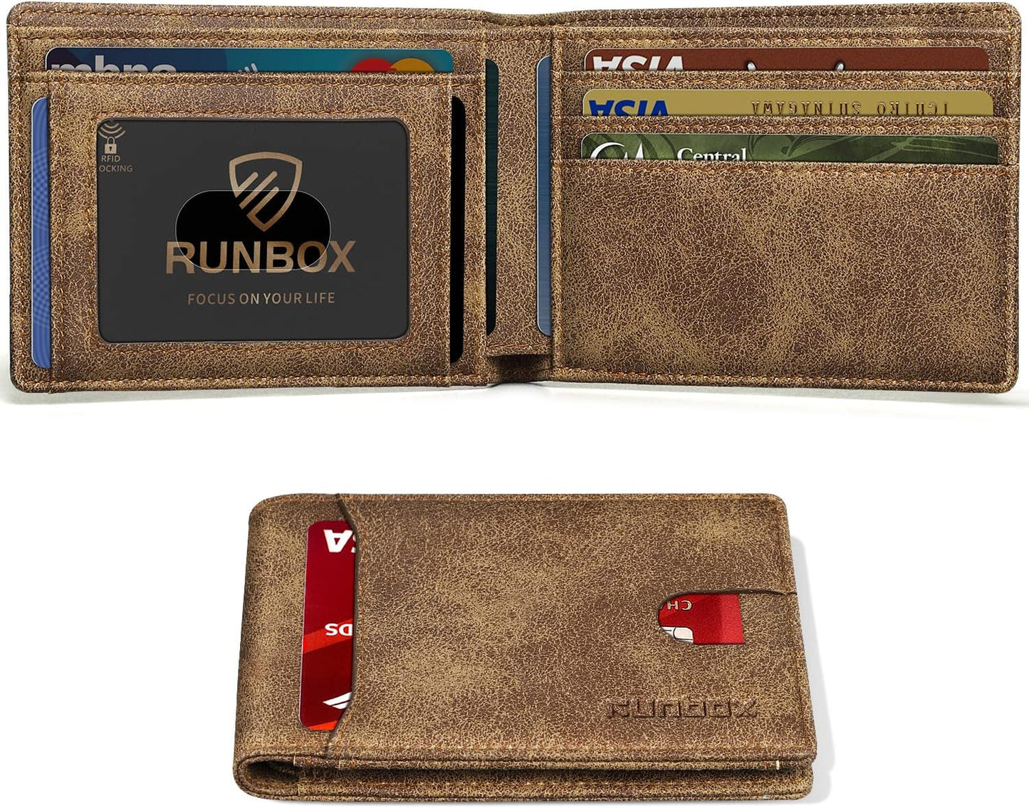 Billetera RUNBOX para Hombre, delgada, RFID, Bifold, 11 tarjetas