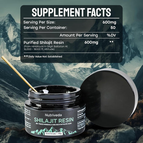 Suplemento Shilajit Resina de 600 mg  orgánico puro  1.06 oz