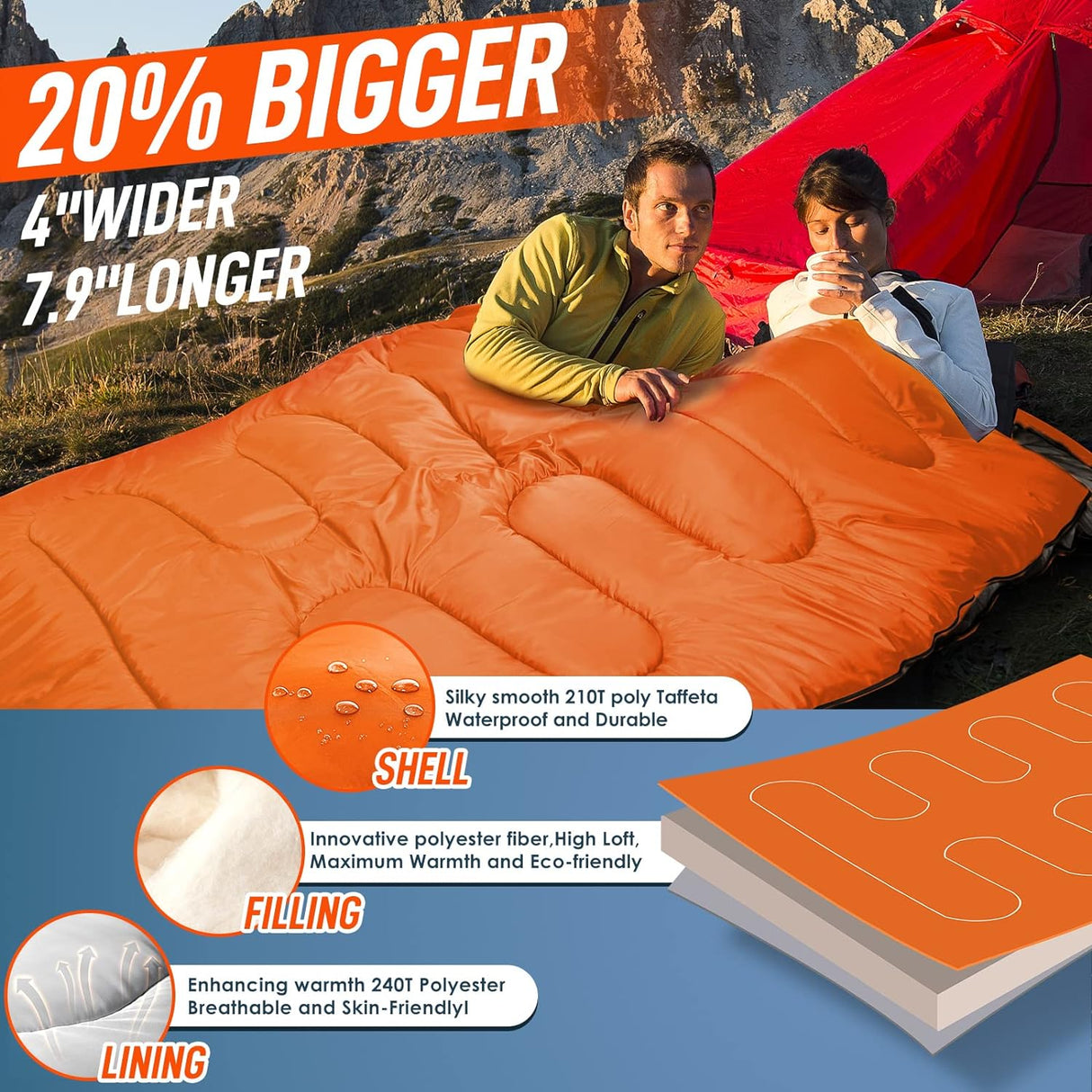 Double Sleeping Bag for Adults with Pillow, XL Queen Size