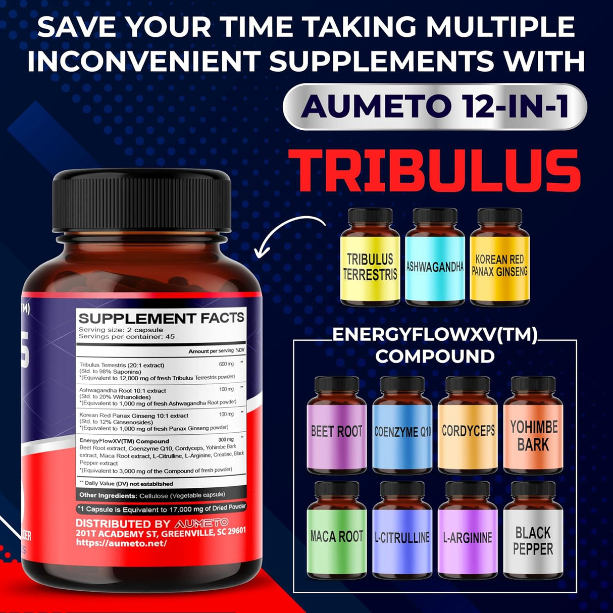Suplemento Tribulus Terrestris 98%  Ashwagandha 17,000 mg