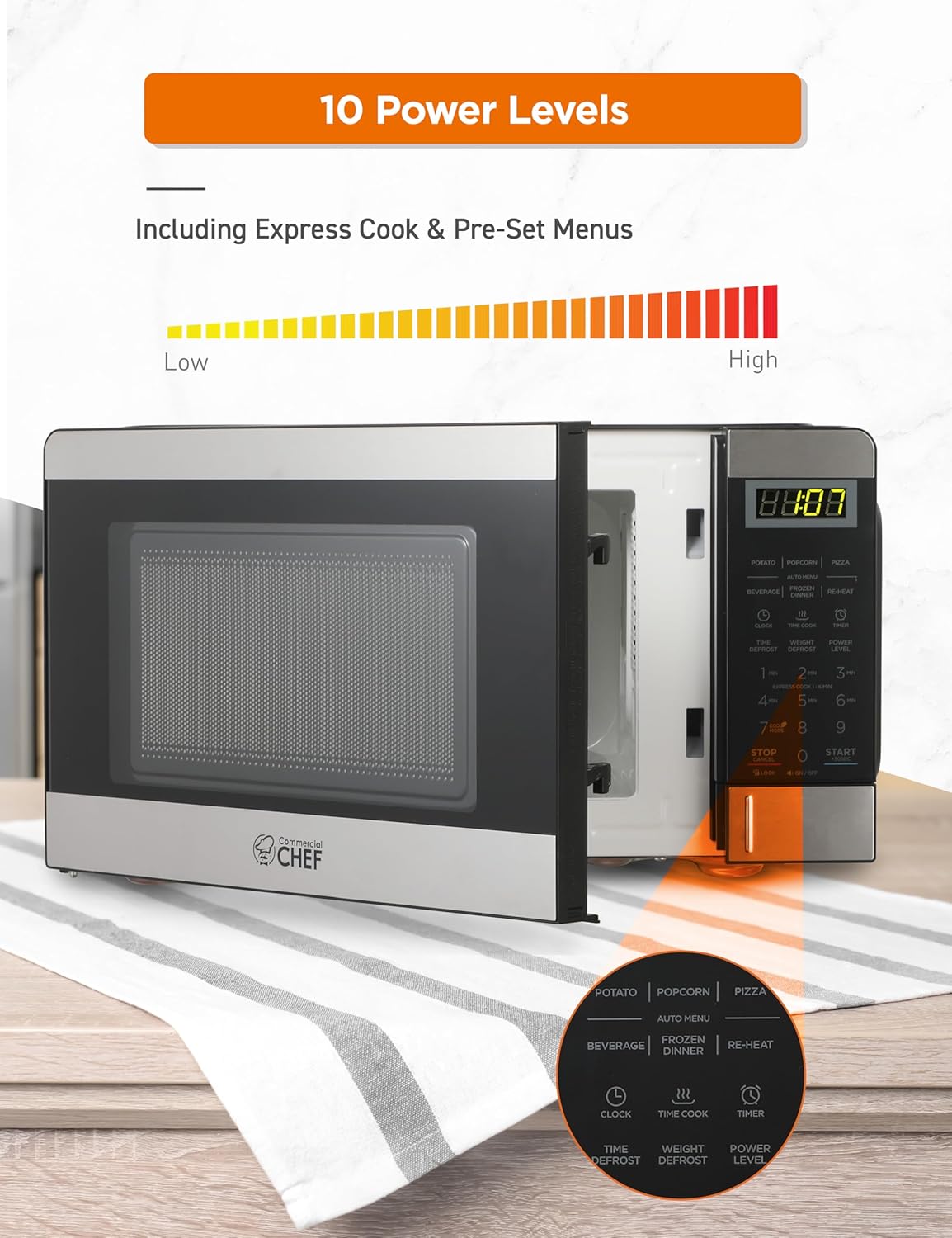 Microondas Comercial Chef 0.7 pies cúbicos, 700W, 10 niveles