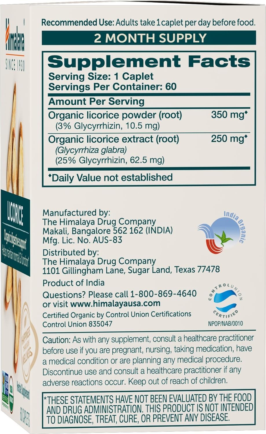 Suplemento Herbal de Regaliz Himalaya, Orgánico, 60 Capletas