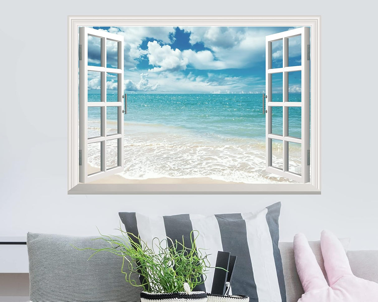 Adhesivo de pared falso para ventana, mural playa de verano para decoración de pared, calcomanías de pared para pegar y despegar, 16 x 24 pulgadas