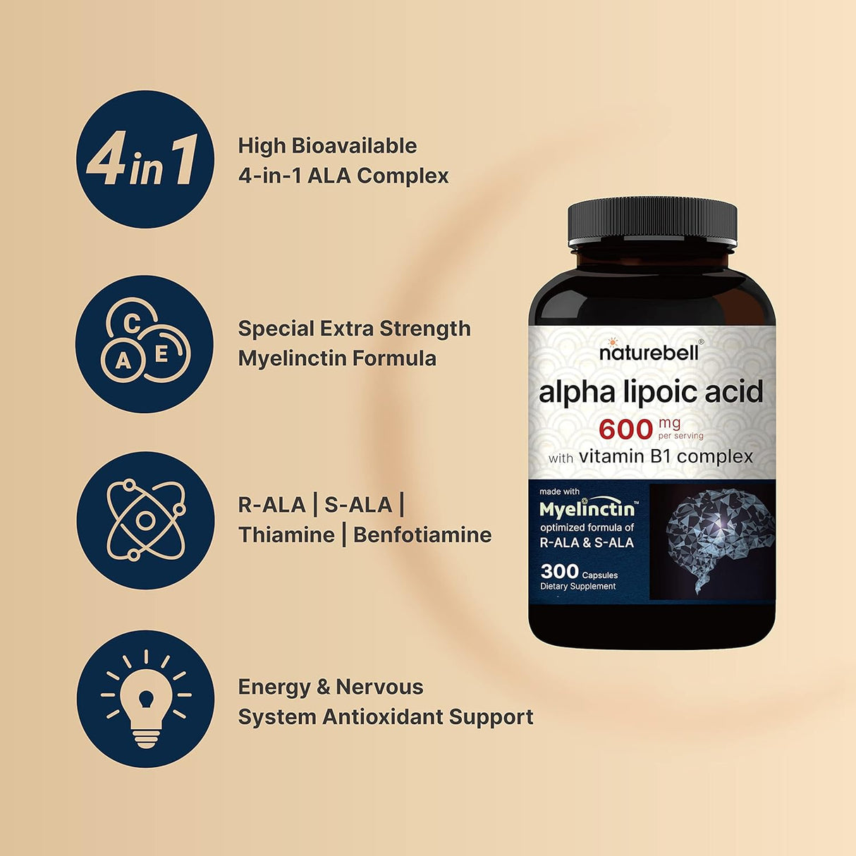 Suplemento Ácido alfa lipoico de 600 mg por porción  300 cáp