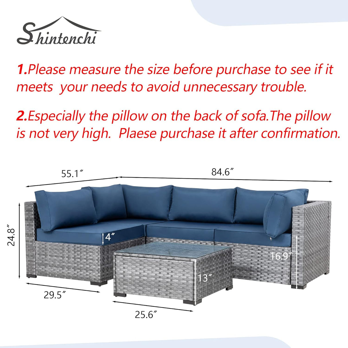 Shintenchi Sofá modular de 5 piezas para patio al aire libre, juegos de muebles de mimbre de polietileno gris plateado con cojines lavables y mesa auxiliar de cristal para jardín, piscina, patio trasero (azul egeo)