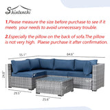 Shintenchi Sofá modular de 5 piezas para patio al aire libre, juegos de muebles de mimbre de polietileno gris plateado con cojines lavables y mesa auxiliar de cristal para jardín, piscina, patio trasero (azul egeo)
