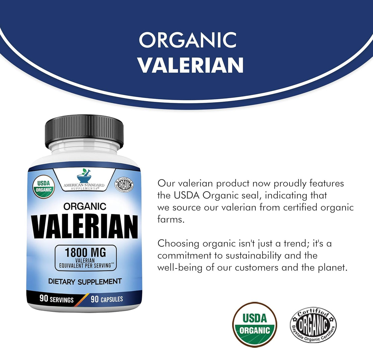 Suplemento Valeriana orgánica de 1800 mg  vegana 90 cáp