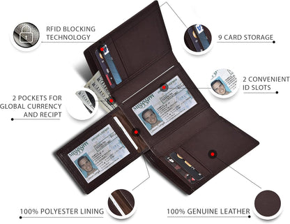 Billetera de cuero genuino RFID para hombre - 9 tarjetas, 2 ID