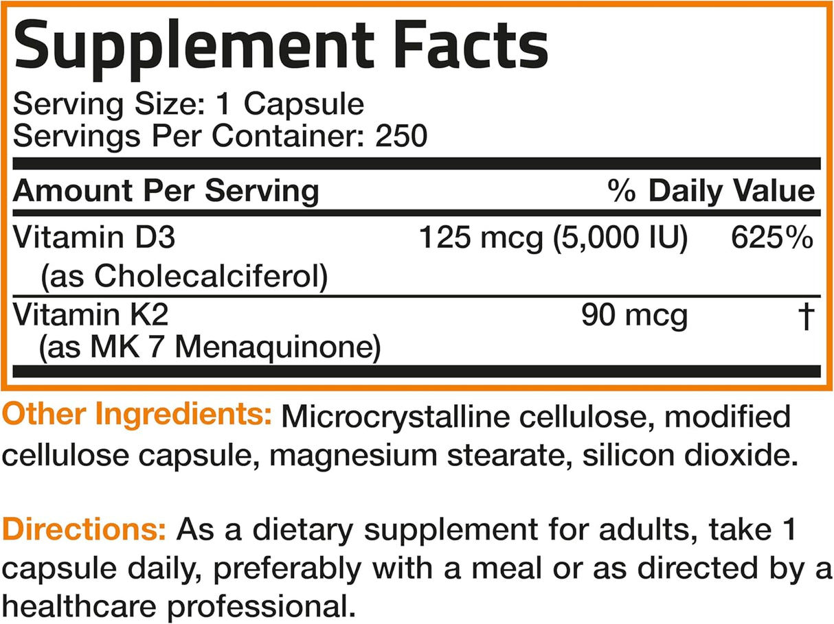 Suplemento de Vitamina K2 y D3, Bronson, 5000 IU, 250 Cápsulas