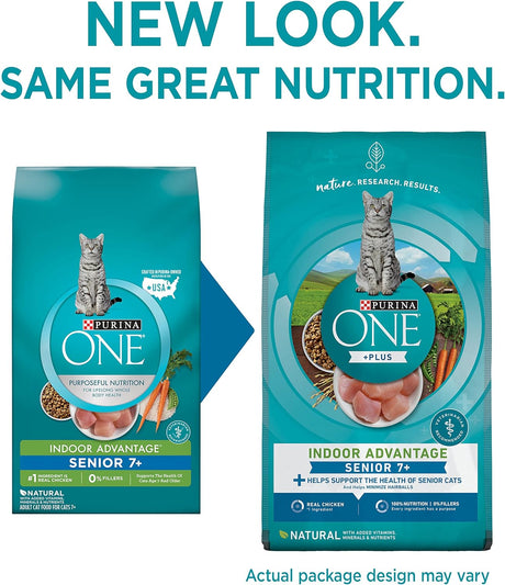 Purina ONE Alimento seco natural para gatos mayores con alto contenido de proteínas, Indoor Advantage Senior+ - Bolsa de 7 libras