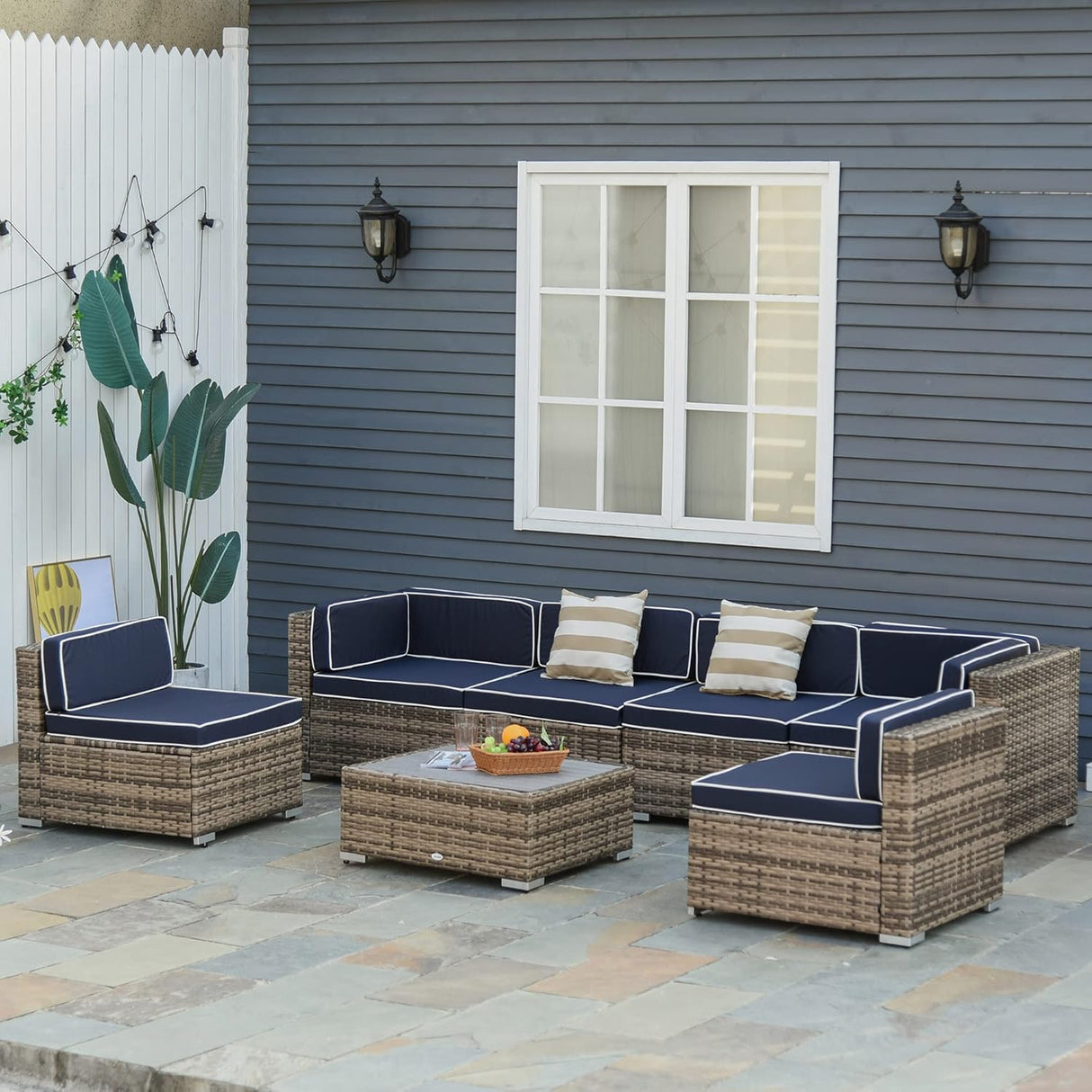 Outsunny Juego de muebles de patio de 7 piezas, juego de conversación de mimbre para exteriores, juego de sofá modular de ratán PE para todo tipo de clima, con cojines y mesa de madera sintética