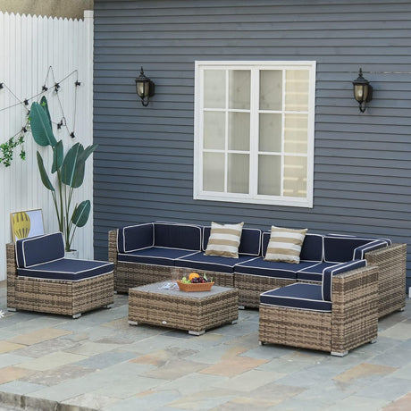 Outsunny Juego de muebles de patio de 7 piezas, juego de conversación de mimbre para exteriores, juego de sofá modular de ratán PE para todo tipo de clima, con cojines y mesa de madera sintética