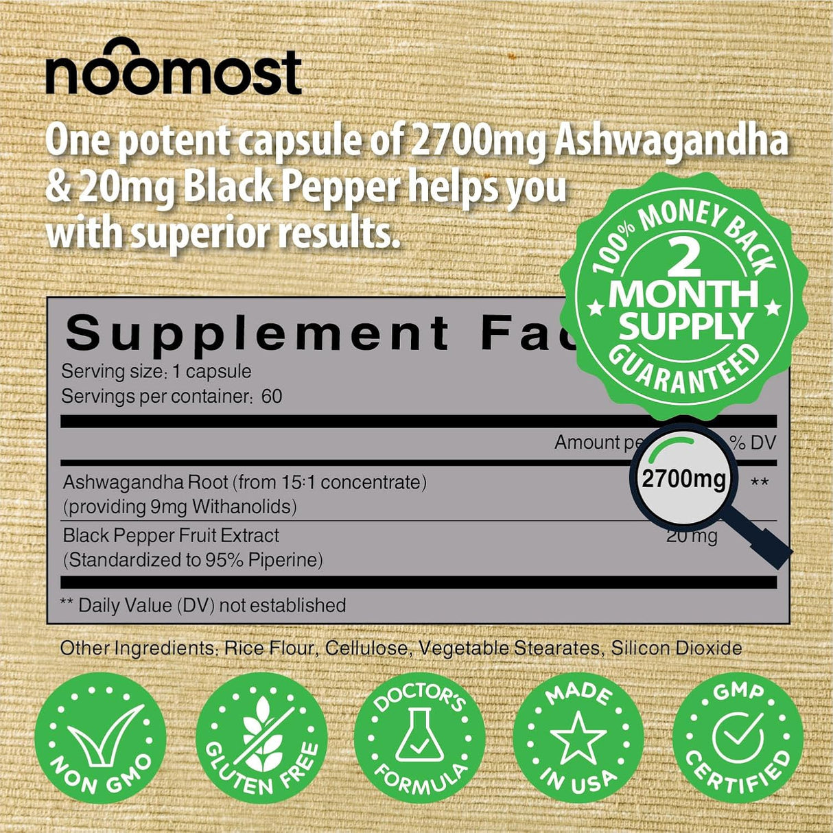 Cápsulas Orgánicas de Ashwagandha 2700mg, Vegan, 2 Meses