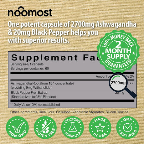 Cápsulas Orgánicas de Ashwagandha 2700mg, Vegan, 2 Meses