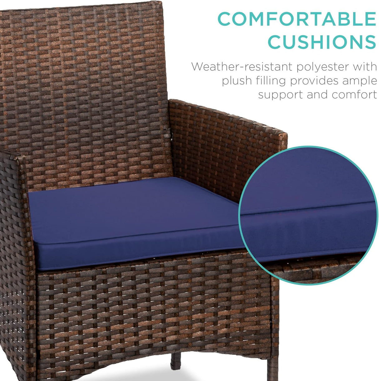 Best Choice Products Juego de 3 piezas de mimbre para exteriores, muebles de patio que ahorran espacio para patio, jardín con 2 sillas, 2 cojines, mesa de almacenamiento lateral, color marrón/azul marino