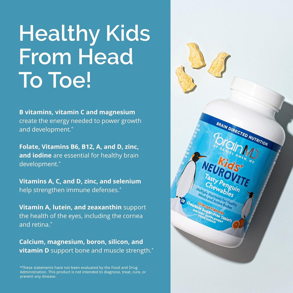 BRAINMD Dr Amen Kids NeuroVite - Sabor naranja - 120 masticables en forma de pingüino - Suplemento multivitamínico y mineral - Promueve el desarrollo y crecimiento saludables - Sin gluten - 60 porciones