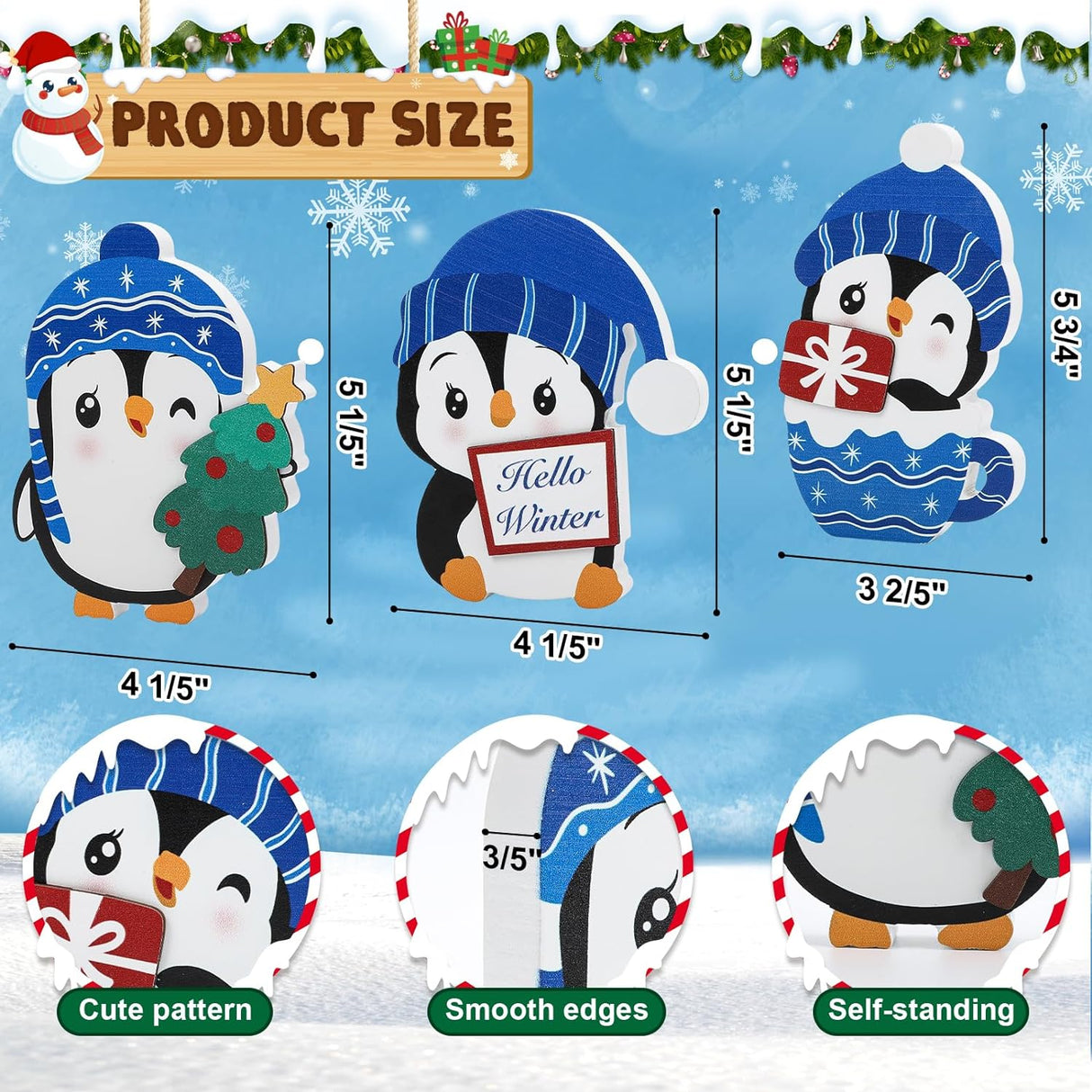 Bloques de Madera Set 3 Decoraciones Navideñas de Pingüinos