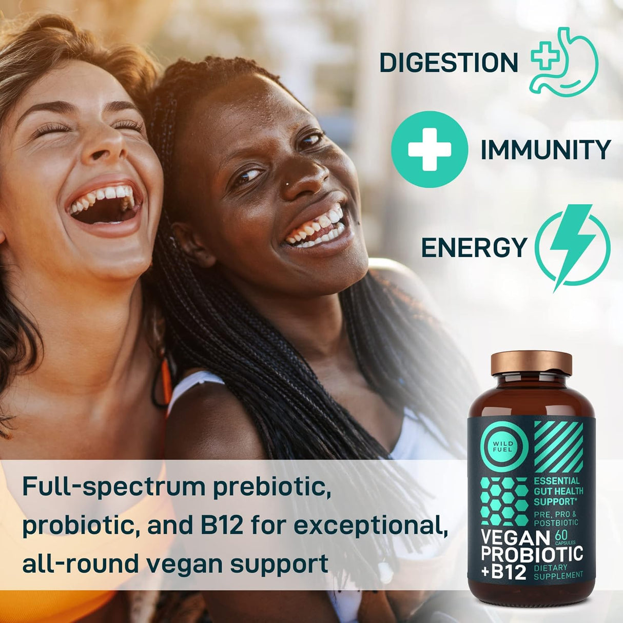 Vegan Probiotic Plus B12 - 22B CFU, Prebiotics, Digestión