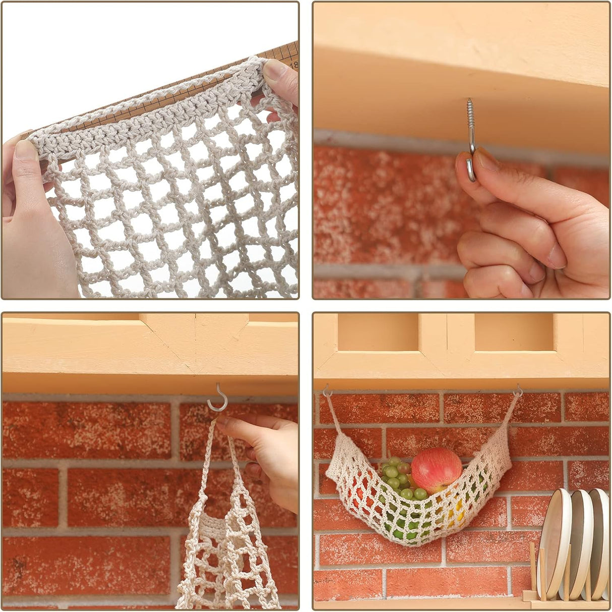 Hamaca de Frutas Macrame, 2 Pcs, 11.8x20 con 4 Ganchos