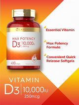 Suplemento de Vitamina D 10000 IU Carlyle, 400 Gelatinas