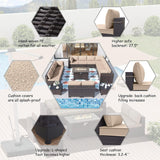 ALAULM Juego de 15 muebles de patio para exteriores con mesa para fogata de propano, sofás seccionales para exteriores, muebles de patio, fogata de gas de 43 pulgadas, juego de conversación de ratán de polietileno marrón con 12 cojines, arena