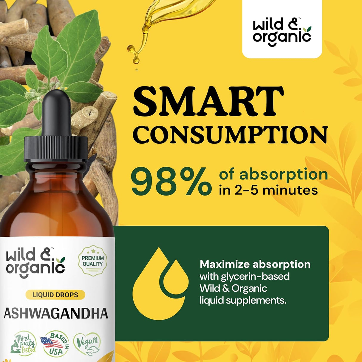 Gotas de Ashwagandha - Wild & Organic - Suplemento Calmante 4oz