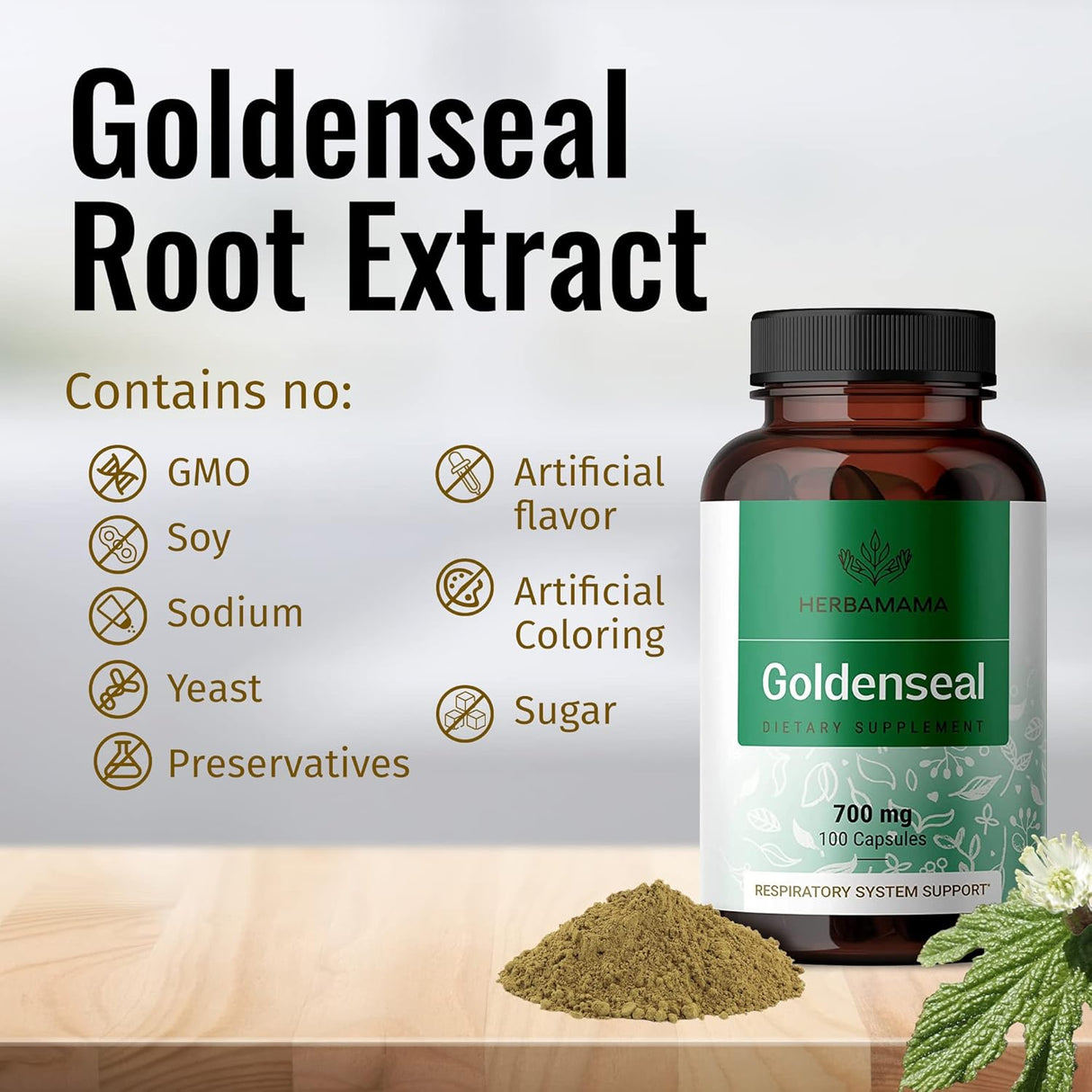 Suplemento de raíz Goldenseal  Pastillas orgánicas 100 cáp