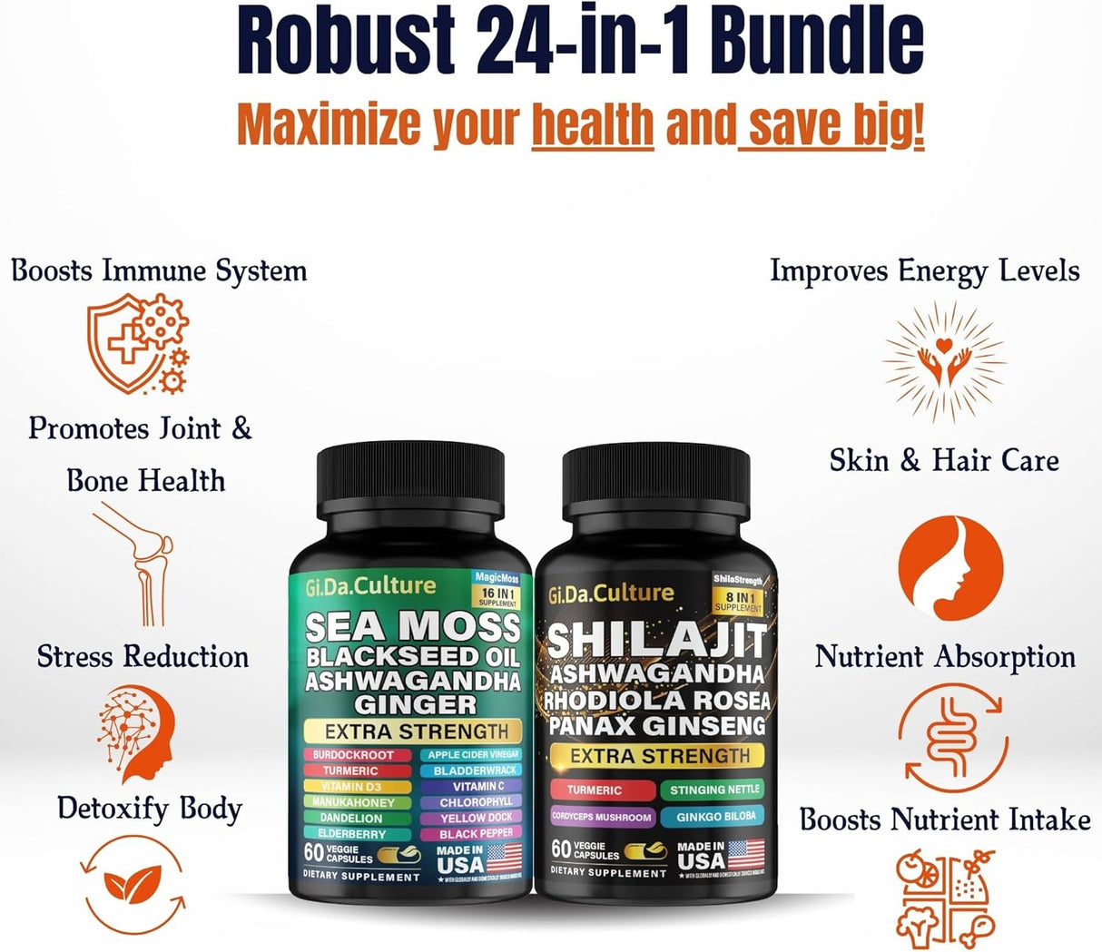 GiDa Cultura Shilajit y Sea Moss Combo - 120 cápsulas