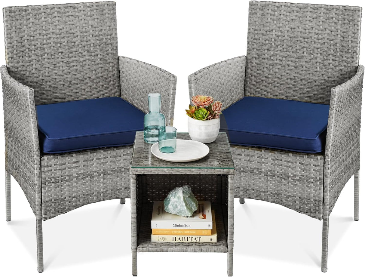 Best Choice Products Juego de 3 piezas de mimbre para exteriores, muebles de patio que ahorran espacio para patio, jardín con 2 sillas, 2 cojines, mesa de almacenamiento lateral, gris/azul marino