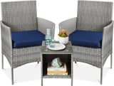 Best Choice Products Juego de 3 piezas de mimbre para exteriores, muebles de patio que ahorran espacio para patio, jardín con 2 sillas, 2 cojines, mesa de almacenamiento lateral, gris/azul marino