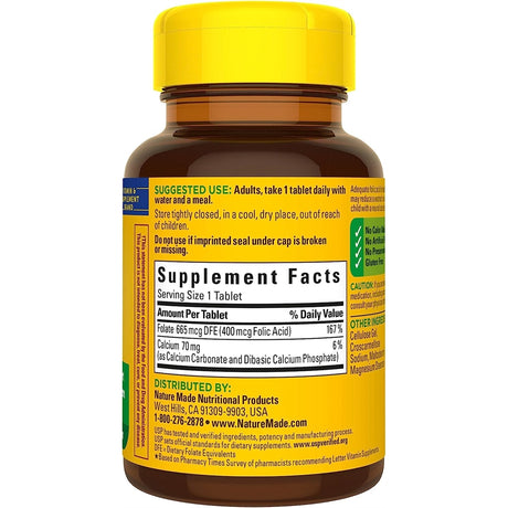 Suplemento Ácido fólico 400 mcg (665 mcg DFE) 250 tabletas