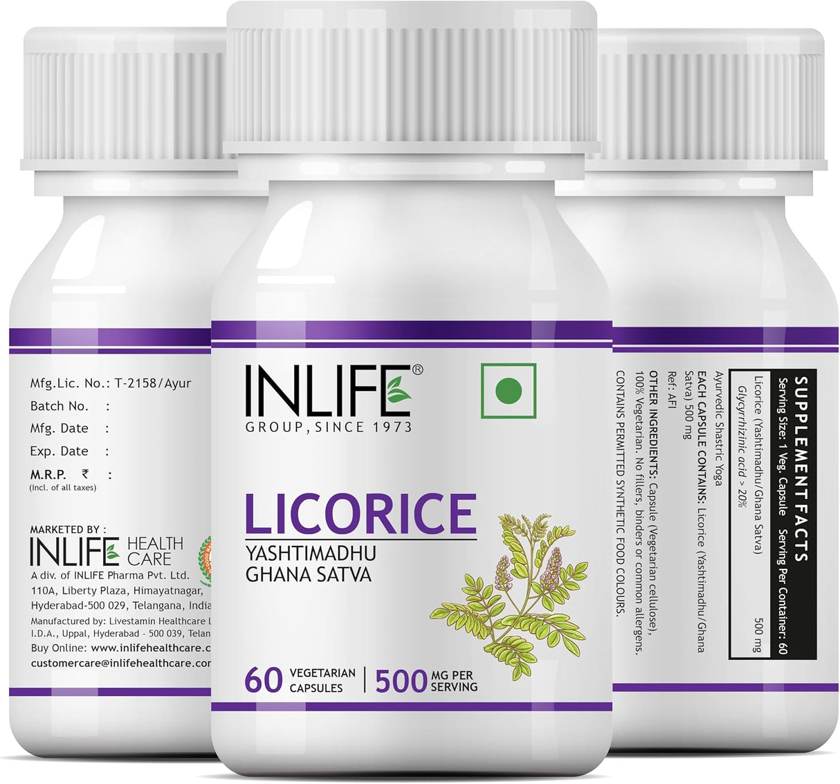 Suplemento Extracto de Regaliz INLIFE, 500 mg, 60 Cápsulas