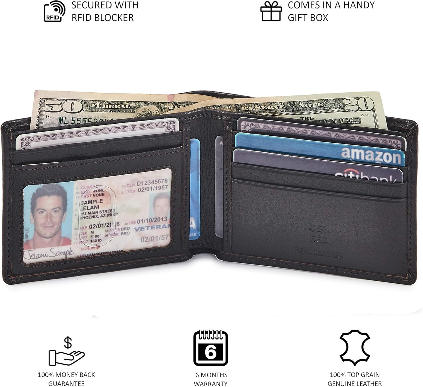 Billetera Bifold de Cuero Real con RFID - Minimalista Nappa