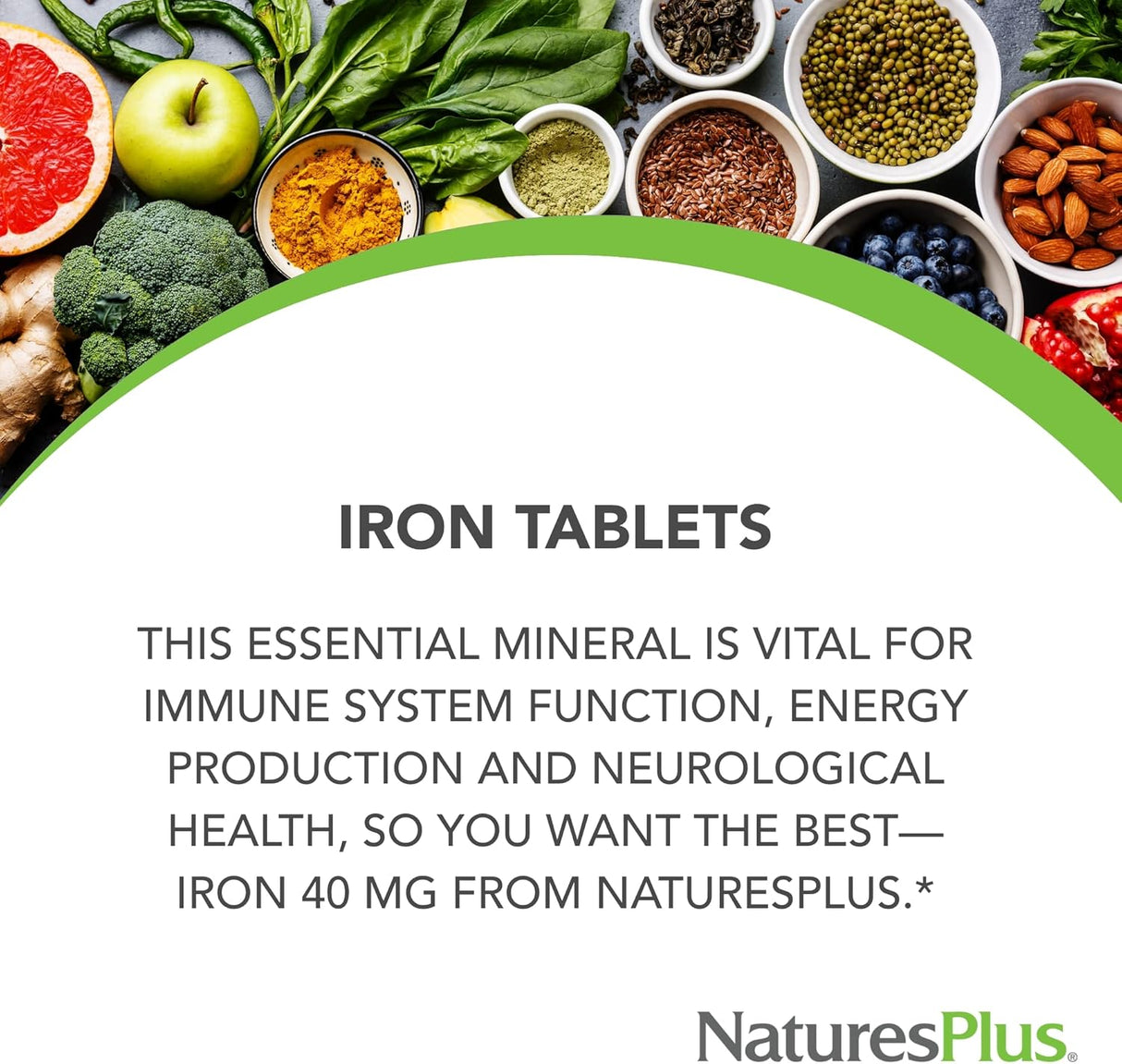 NaturesPlus Hierro - 40 mg, 90 Tablets, Vegetarian, Sin Gluten